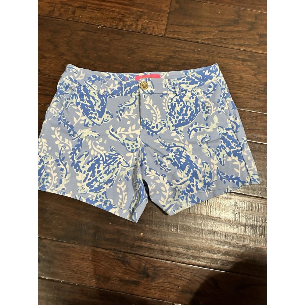 Lilly Pulitzer The Callahan Chino Shorts Blue White Sea Turtle Print Size 4